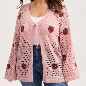 BloomChic Strawberry Jacquard Embroidery Tie Knit Cardigan in nudepink 18-20